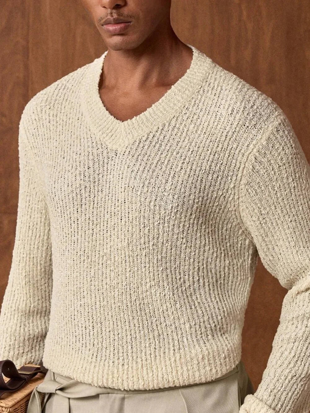Apricot Casual Men's Ribbed V-Neck Long Sleeve Sweater